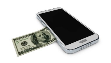 3D resimde cep telefonu ve beyaz arka plan üzerinde para. Kavramı ödeme ve tasarruf.