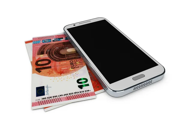 3D-Illustration von Handy und Geld auf weißem Hintergrund. Zahlungs- und Sparkonzept. — Stockfoto