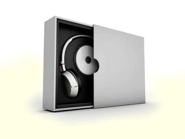 Ілюстрування чорно- срібних навушників у білій коробці на фоні. Мокап — стокове фото