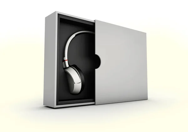 3D ілюстрування чорних і срібних навушників у білій коробці на фоні. Мокап — стокове фото