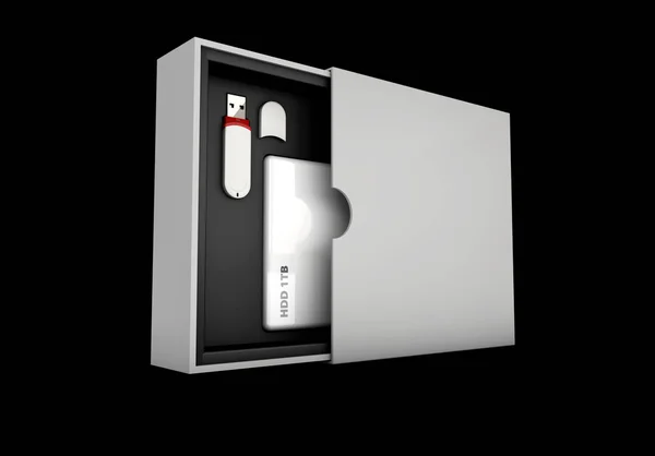 Ilustración 3d de flash negro y plateado, hdd en caja blanca sobre fondo. Burla. — Foto de Stock