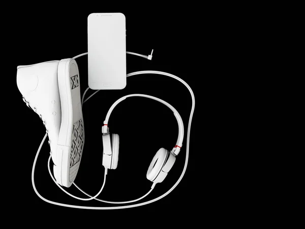 3D απεικόνιση του κάτοψη του ακουστικά, το παπούτσι και το τηλέφωνο σε μαύρο φόντο — Φωτογραφία Αρχείου