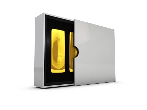 Ilustración de caja con barras de oro, en el cartón. Caja abierta y cerrada . — Foto de Stock