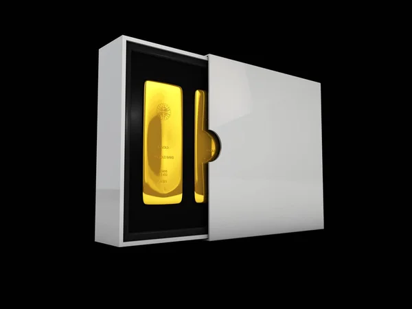 Ilustracja pudełka z sztabki złota, w kartonie. Otwarte i zamknięte PU. — Zdjęcie stockowe