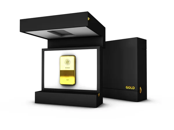 Ilustración de caja con barras de oro, oro en la caja de cartón. Caja abierta y cerrada . — Foto de Stock