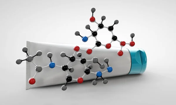 Ilustrace krém s kyselinou hyaluronovou molekuly na šedém pozadí — Stock fotografie