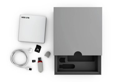 Illustaration siyah ve Gümüş flash hdd beyaz arka plan gri kutusunu açın. Mockup