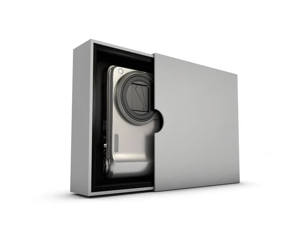 Illustrazione della fotocamera digitale nella scatola. isolato su sfondo bianco — Foto Stock