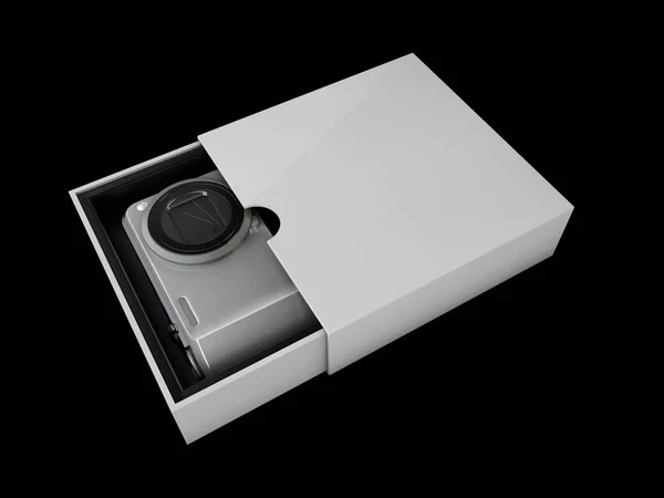 Ilustración de cámara fotográfica digital en la caja. aislado sobre fondo negro — Foto de Stock