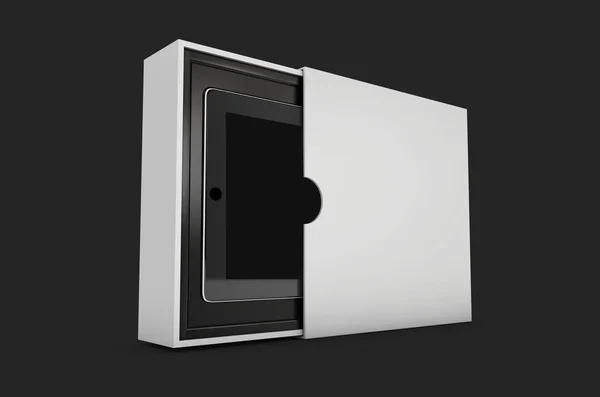 Ilustración 3d de la tableta negra moderna PC en la caja de regalo aislada en negro — Foto de Stock