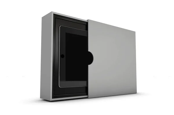 3D-Abbildung des modernen schwarzen Tablet-PCs in der Geschenkbox isoliert auf weiß — Stockfoto