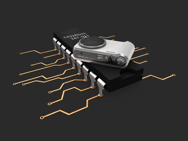 3D illustration av dator mikrochip och photocamera isolerad svart bakgrund — Stockfoto