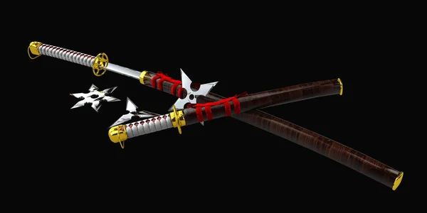 Japán Katana. Szamuráj elszigetelt fegyverek beállítani. 3D-s illusztráció. — Stock Fotó