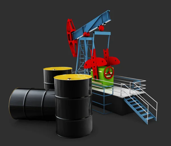 Black metal oil barrels and pump on black background