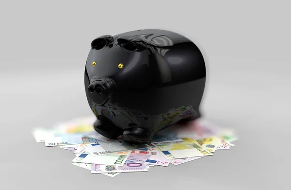 3D illustratie van Black piggy bank van geld munten geïsoleerd op de blured grijze achtergrond — Stockfoto