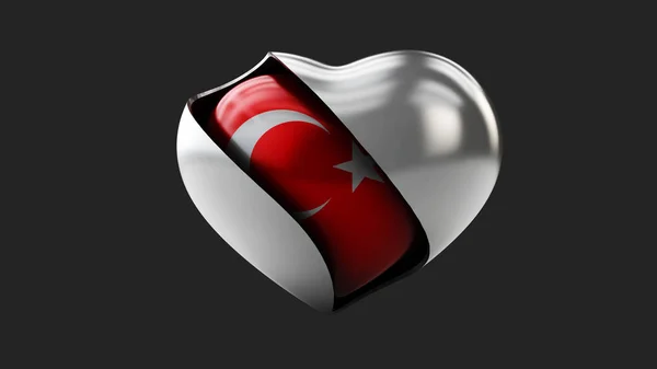 3d Illustration af Tyrkiet flag kærlighed hjerte koncept med det tyrkiske flag i en hjerteform, isoleret sort - Stock-foto