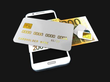 Detaylı siyah kilitli kredi kartı izole simcard siyah arka plan ile telefonda 3D çizimi