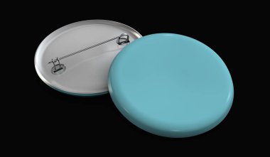 3D resimde boş mavi düğme rozet yığın mockup, izole siyah