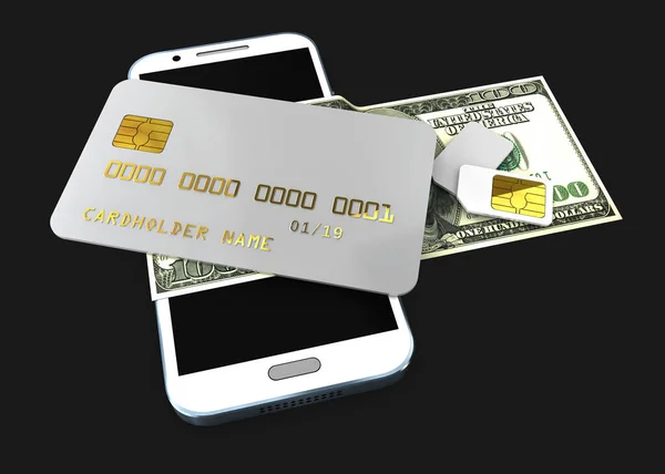 3d ilustración de la tarjeta de crédito negra bloqueada detallada en el teléfono con el fondo negro aislado simcard — Foto de Stock