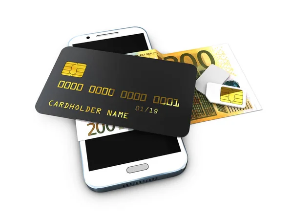 3d ilustración de la tarjeta de crédito negra bloqueada detallada en el teléfono con el fondo blanco aislado simcard — Foto de Stock