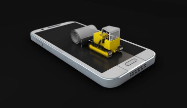 buldozer eski ekranı temizler. Ekran cam kavramı korumak. Telefon aksesuar. 3D çizim. İzole siyah