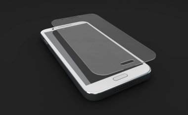 Ekran cam korumak. Telefon aksesuar. 3D illüstrasyon izole siyah