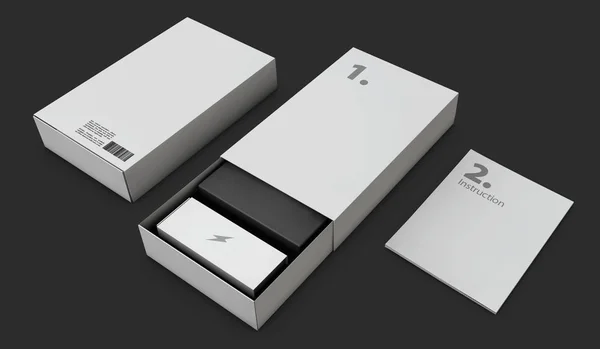 Ilustración 3d de la caja abierta del paquete del software moderno gris para su producto aislado negro — Foto de Stock