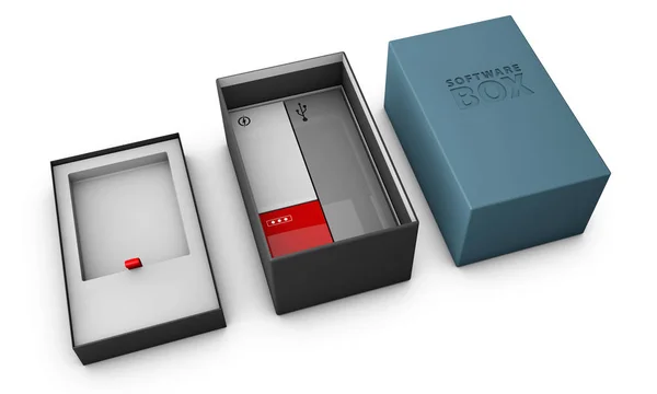 お使いの製品の開いた青い現代ソフトウェア パッケージ ボックスの 3 d イラストレーション — ストック写真