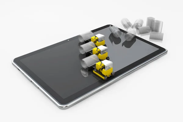 Bulldozers reinigt oude scherm. Scherm beveiligen glas concept. Mobiele accessoire. 3D illustratie — Stockfoto