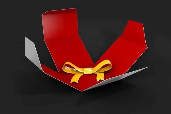 3d Illustration yellow gift bow in the red box on black background. — Stock Photo, Image