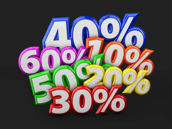 3D-Abbildung von Discount-Prozentsätzen auf schwarzem Hintergrund — Stockfoto