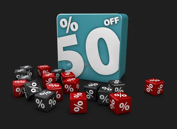 Blå kuber med underleverans på svart bakgrund. 3D illustration för rabatter och försäljning. — Stockfoto