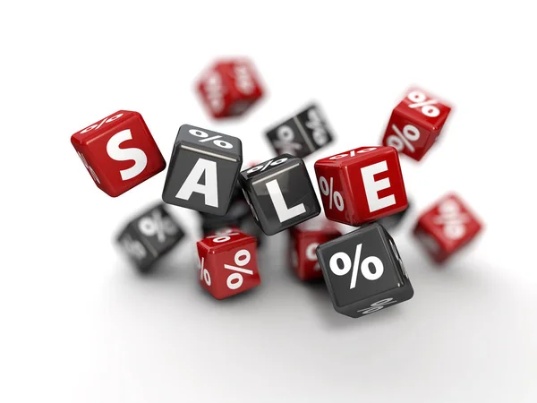 3D obrázek. Šablona návrhu pro dovolenou prodejních akcích. červené a šedé kostky s procent a slovo prodej. blured pozadí — Stock fotografie