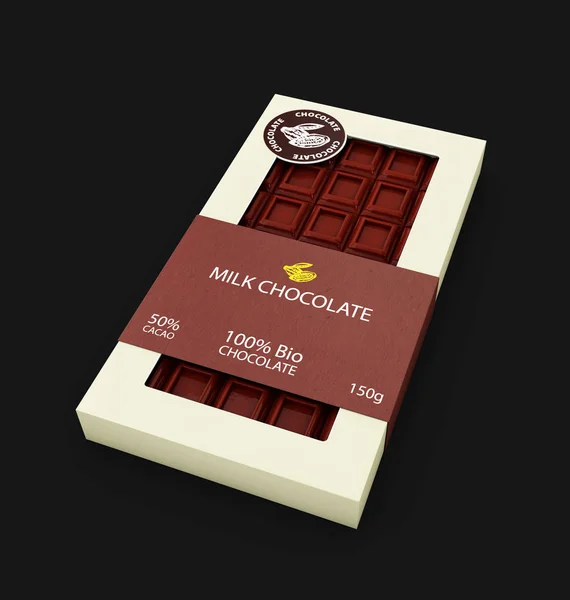 3D obrázek Milk Chocolate bar Design šablony izolované na černé pozadí. — Stock fotografie