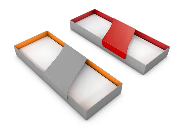 3D-Abbildung der offenen Geschenkbox mit Einband isoliert auf weiß. — Stockfoto