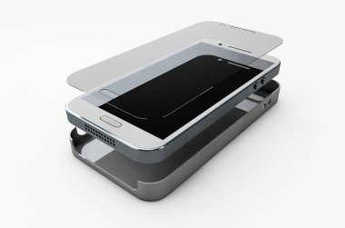 3D telefon illüstrasyon koruma camı ve kapak. Kaza sunudan korumak.