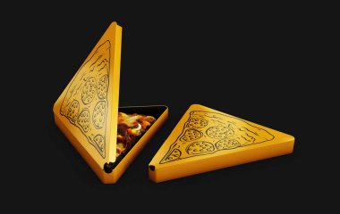 3D resimde Pizza pizza, izole üzerinde siyah üçgen kutusuyla.