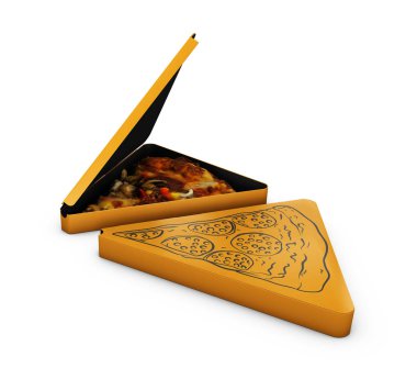 3D resimde Pizza pizza üzerinde izole beyazlı üçgen kutusuyla.