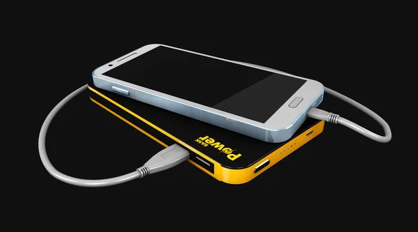 3d Ilustrasi Powerbank pengisian smartphone terisolasi hitam — Stok Foto