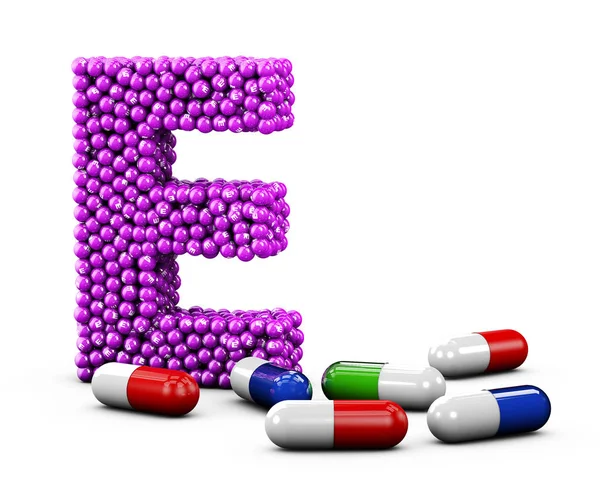 3d Illustration of Letter E made of vitamin. Isolated white. — Stock Photo, Image