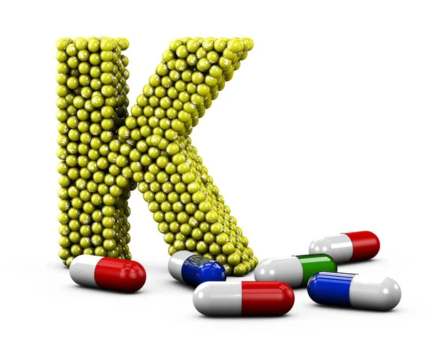 3D ilustracja list K wykonane witaminy. Biały na białym tle. — Zdjęcie stockowe