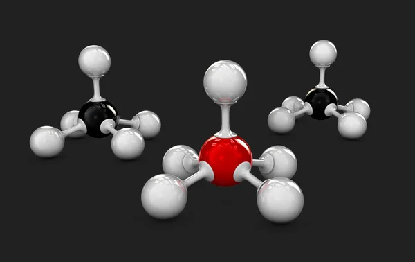 Estructura de moléculas grises, negras y rojas, ilustración 3D, negro aislado —  Fotos de Stock