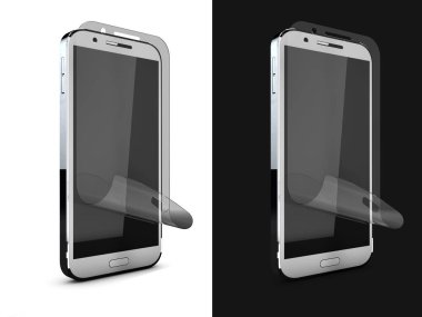 3D telefon illüstrasyon koruma film üstünde perde. Smartphone Ekran koruyucu cam. Siyah ve wite izole.