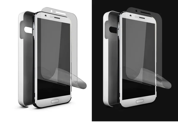 Ilustración 3d de la película de la protección del teléfono en pantalla y cubierta. Pantalla Smartphone con vidrio protector. Aislado en negro e ingenioso . — Foto de Stock