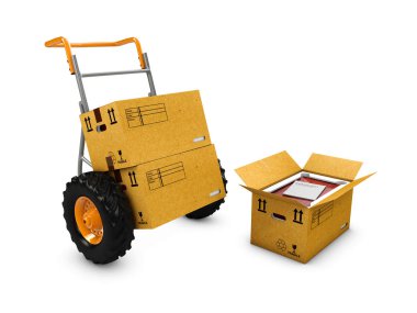 el arabası, kutuları ve üzerinde beyaz izole bir paketi aç, 3D çizimi