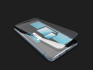 Ekran koruyucu film veya cam kapak üzerinde izole siyah arka plan. 3D çizim