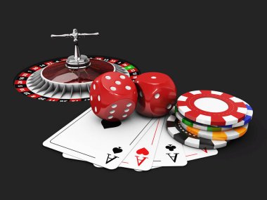 Casino dice, kartları, rulet ve patates kızartması ile arka plan. izole siyah, 3d çizim