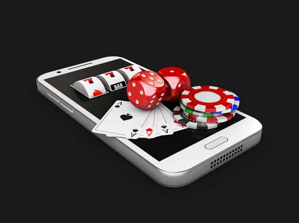 3D çizim, cep telefonu ve slot makinesidir oyun kartı, zar ve cips, Online casino kavramı. izole siyah — Stok fotoğraf