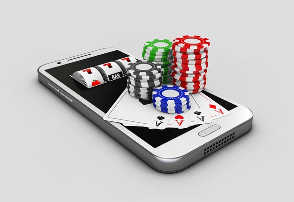 Teléfono móvil y chips, concepto de casino en línea. Ilustración 3d —  Fotos de Stock