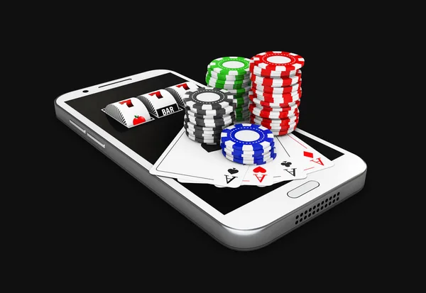 Ilustración 3d, teléfono móvil y chips, concepto de casino en línea. negro aislado — Foto de Stock